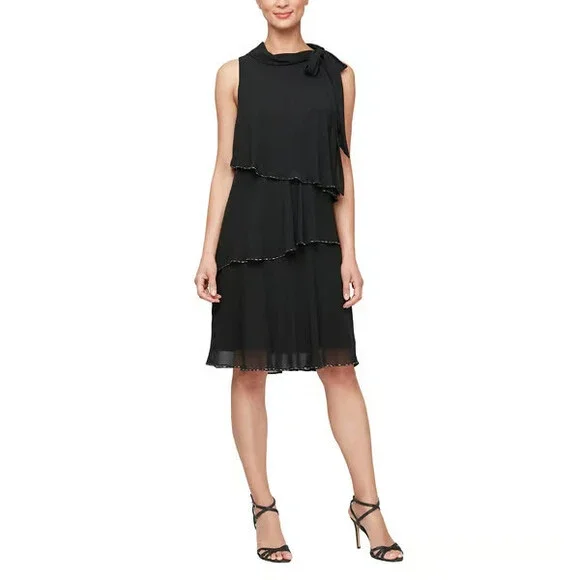 SLNY | Dresses | Slny Sleeveless Beaded Trim Tiered Tie Neck Shift Dress  Womens 4 Black Hookeye | Poshmark